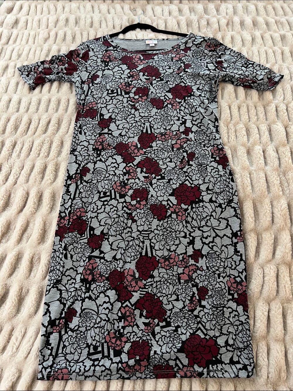 LuLaRoe Julia - Gray Knit Midi Dress with Burgundy and Pink Floral Print